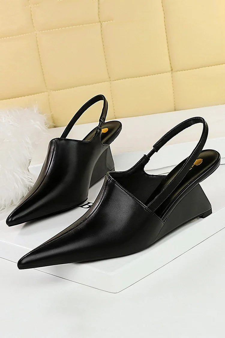 Elegant Solid Color Pointy Toe Slingback Strap Wedge Heels