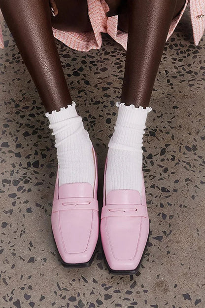 Patchwork Solid Color Square Toe Pink Loafers [Pre Order]