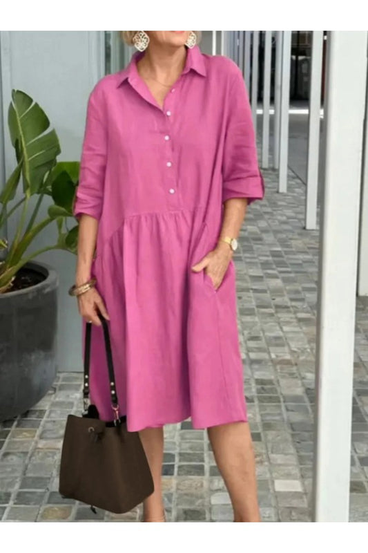 Casual Plain Shirt Collar Half Sleeve Daily Midi Dress