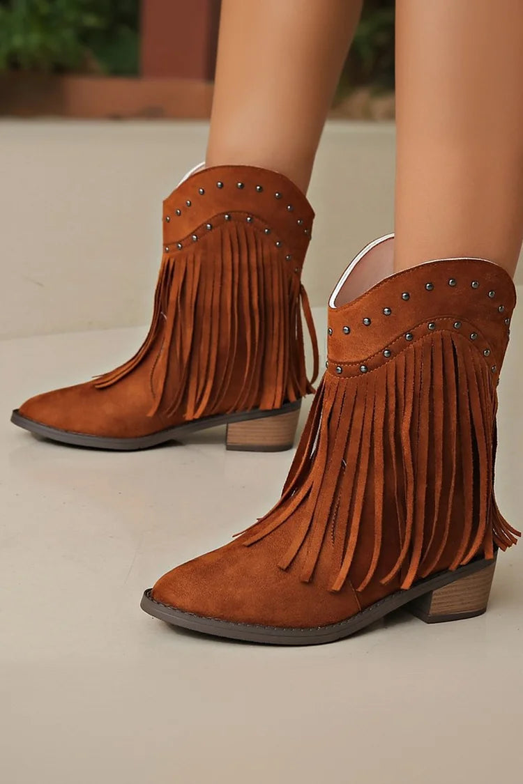 Metal Rivets Decor Fringed Trim Pointed Toe Chunky Heel Mid Boots