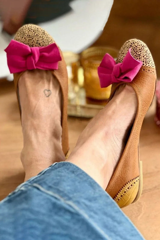 Colorblock Bow Decor Patchwork Round Toe Brown Flats