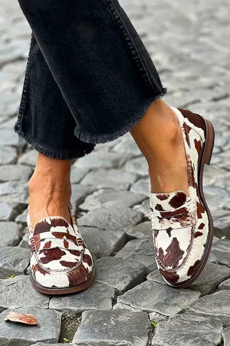 Animal Print Round Toe Patchwork White Loafers [Pre Order]