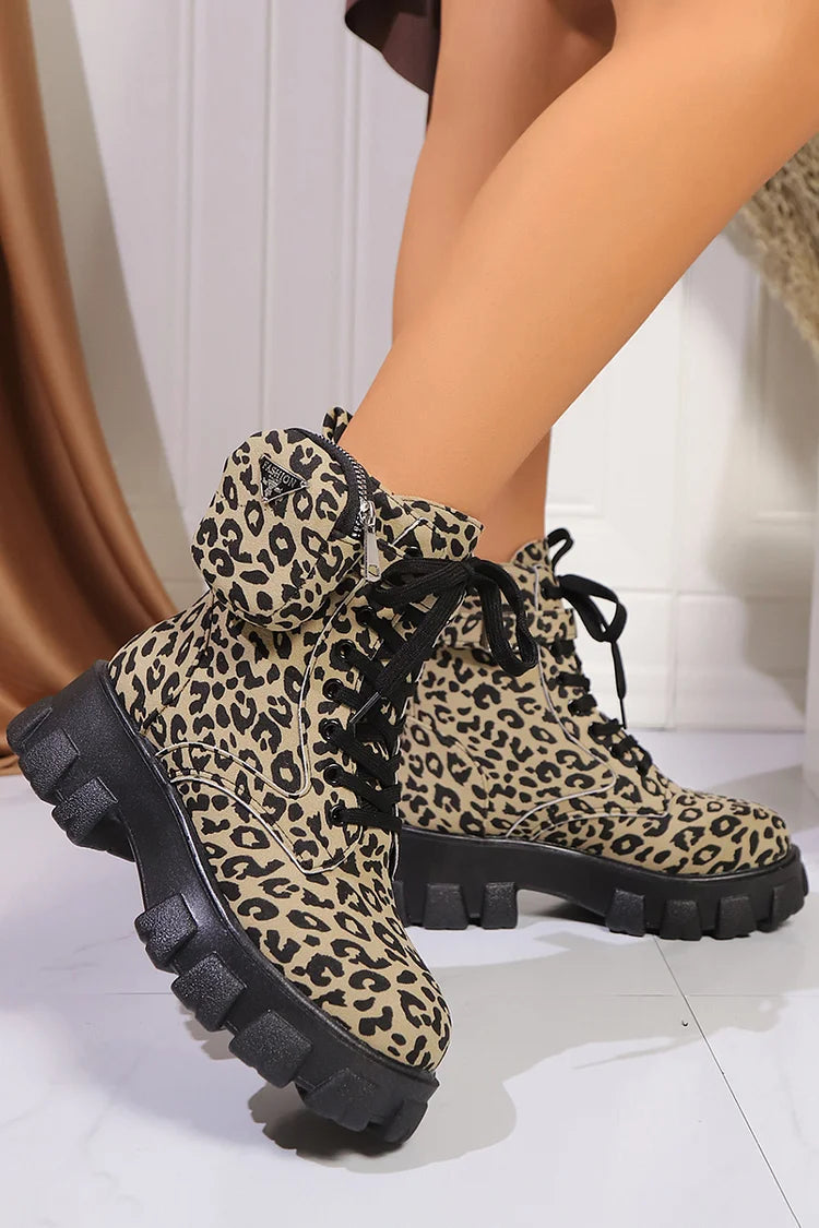 Pocket Decor Leopard Print Round Toe Chunky Heel Lace Up Mid Boots