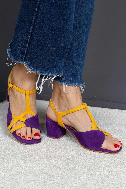 Scarpe col tacco spesso viola con punta quadrata e patchwork di colore irregolare 