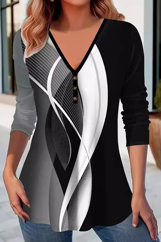 Fashion Casual Geometric Pattern V Neck Long Sleeve T-Shirt