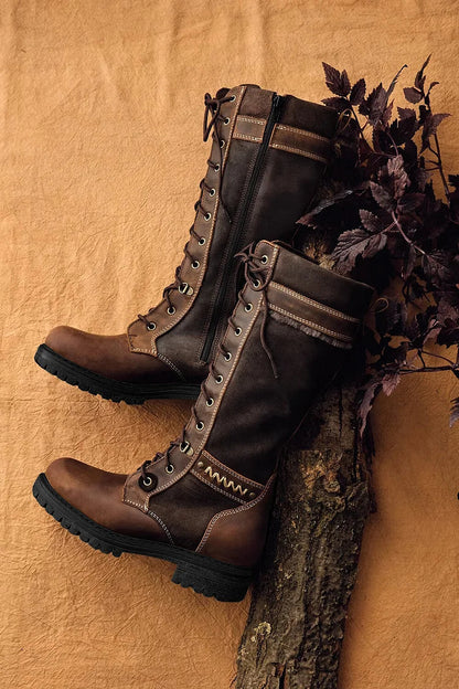 Round Toe Patchwork Lace Up Dark Brown Snow Boots [Pre Order]