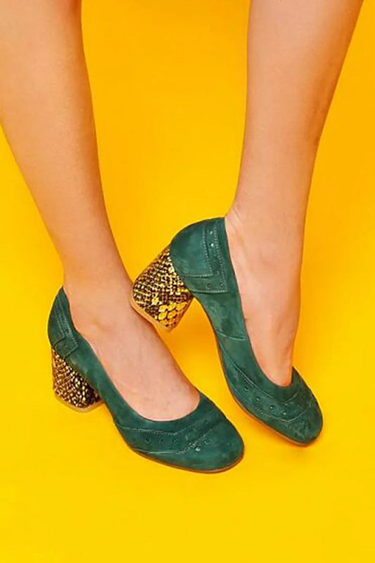 Square Toe Snake Print Dark Green Chunky Heels [Pre Order]