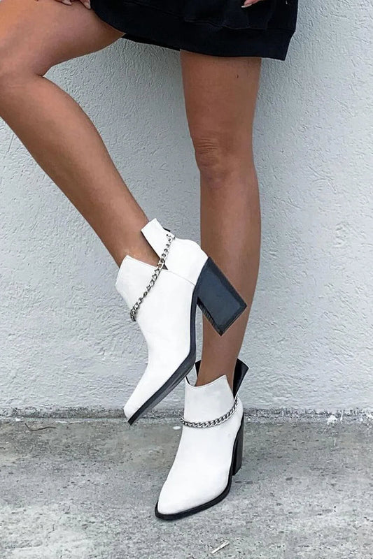 Metal Chain Decor Pointed Toe Chunky Heel White Ankle Boots [Pre Order]