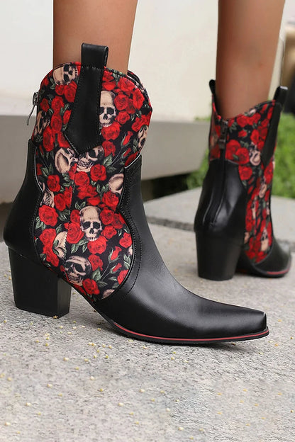 Floral Print Patchwork Chunky Heel Pointed Toe Ankle Boots