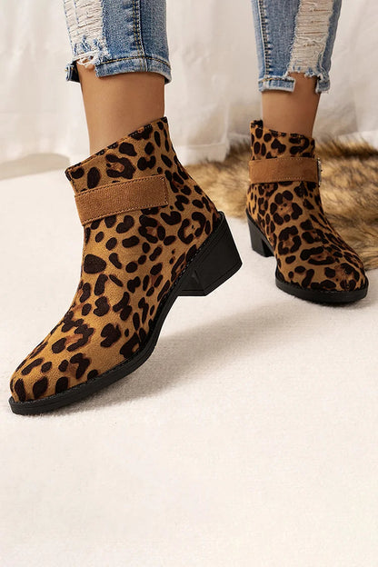 Patchwork Strap Buckle Decor Zipper Leopard Print Ankle Boots