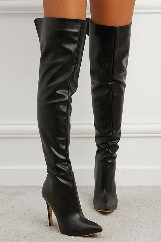 Solid Color Zipper Pointed Toe Stiletto Heel Over The Knee Boots