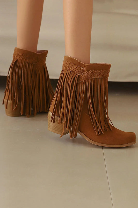 Pointed Toe Braided Fringed Trim Solid Color Chunky Heel Mid Boots