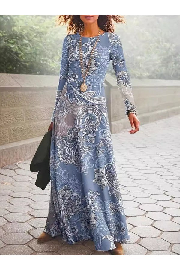 Ethnic Crew Neck Long Sleeve Maxi Dress