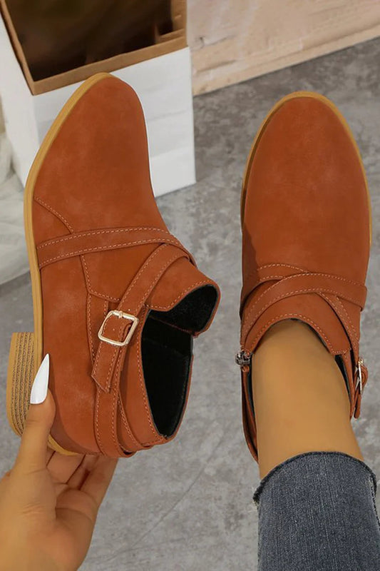 Crossover Strap Buckle Decor Round Toe Zipper Ankle Boots