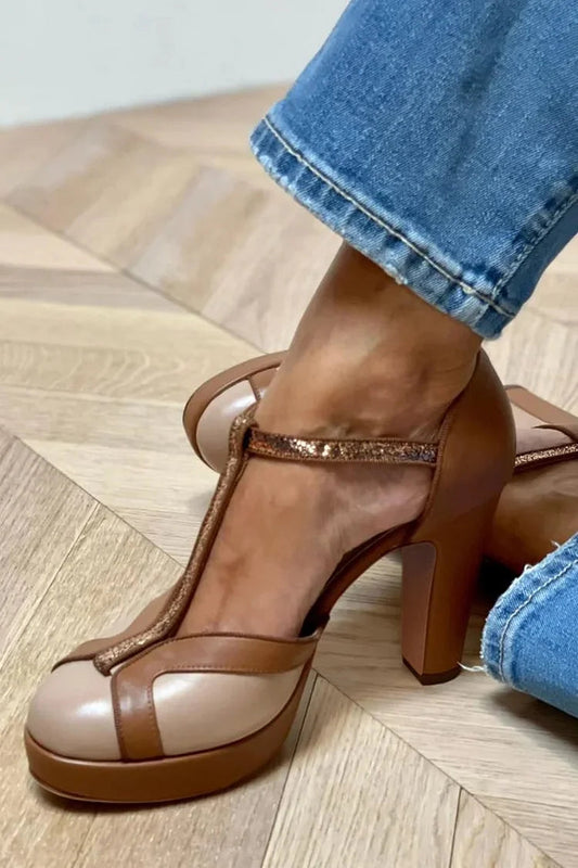 Colorblock Glitter T-Strap Closed Toe Brown Chunky Heels