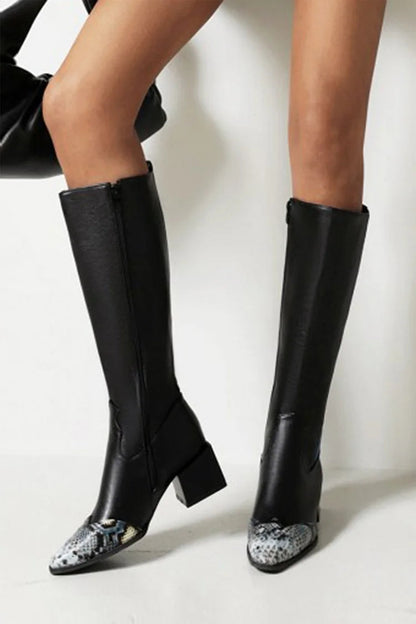 Snake Print Colorblock Pointed Toe Chunky Heel Knee High Boots