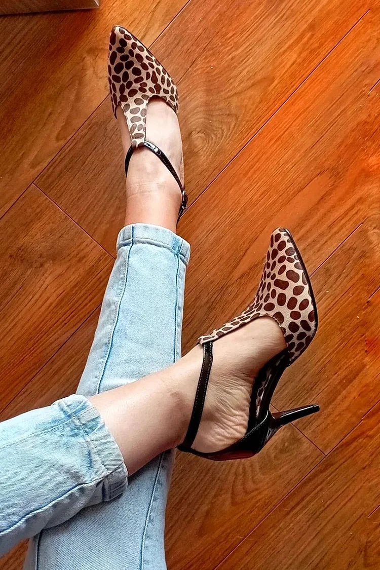 Animal Print T-Strap Buckle Pointed Toe Brown Stiletto Heels [Pre Order]