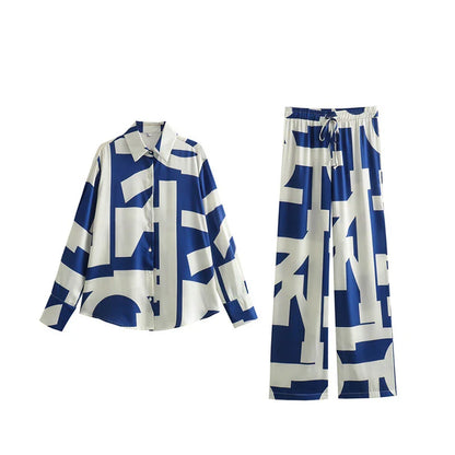 Printed lapel casual two-piece set