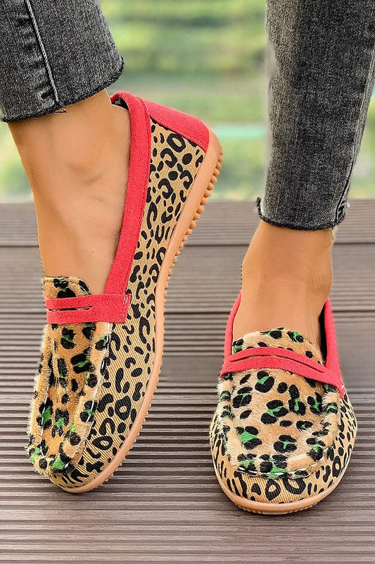 Leopard Print Colorblock Patchwork Round Toe Loafers