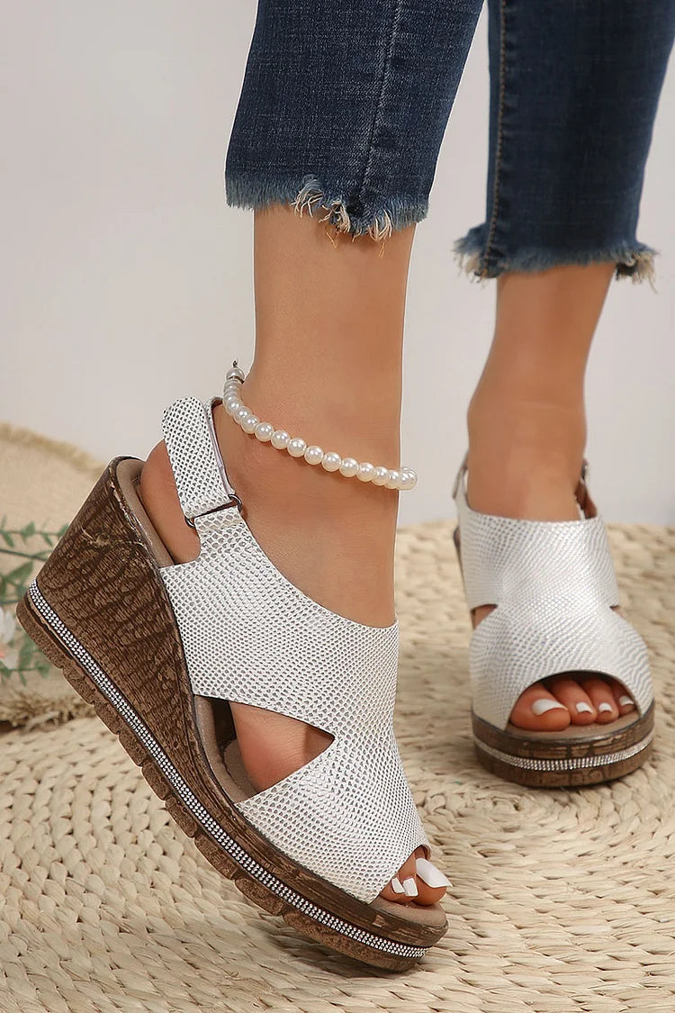 Snake Print Cut Out Peep Toe Slingback Strap Wedge Platform Sandals