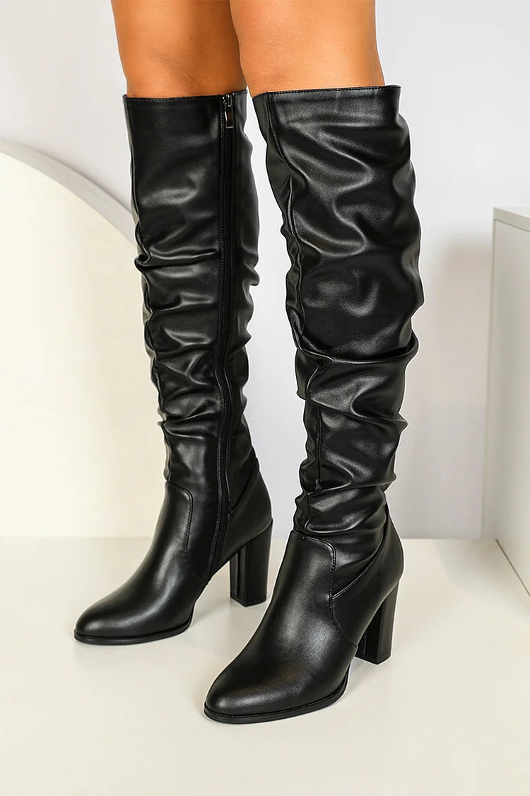 Zipper Solid Color Patchwork Pointed Toe Chunky Heel Knee High Boots