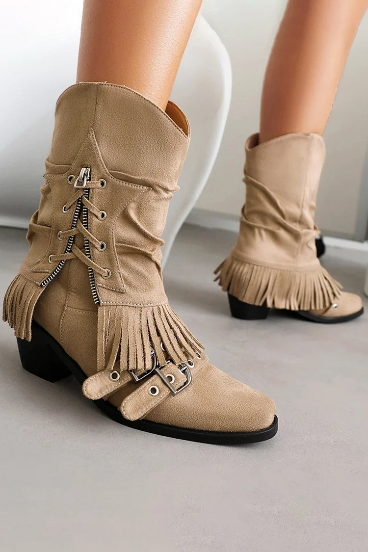 Fold Over Fringed Trim Zipper Pointed Toe Chunky Heel Western Boots