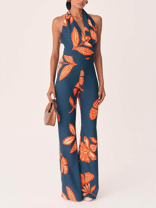 Unique Floral Print Backless Jumpsuit