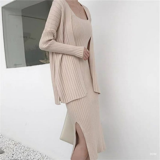 Loose And Versatile Knitted Cardigan Sweater Dress Two-Piece Set