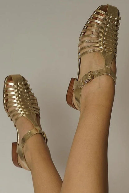 Square Toe Hollow Ankle Strap Buckle Gold Chunky Heels