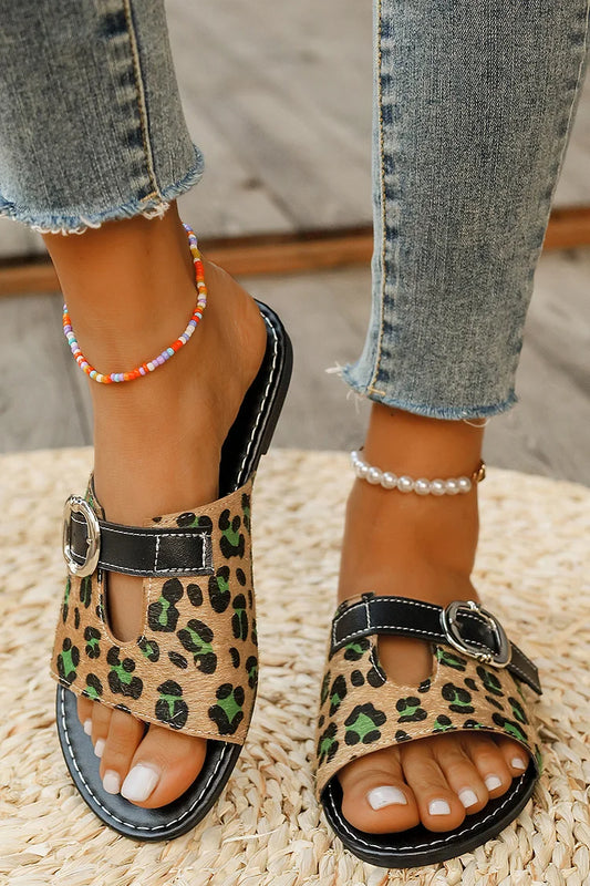 Color Matching Leopard Print Belt Buckle Seam Slippers
