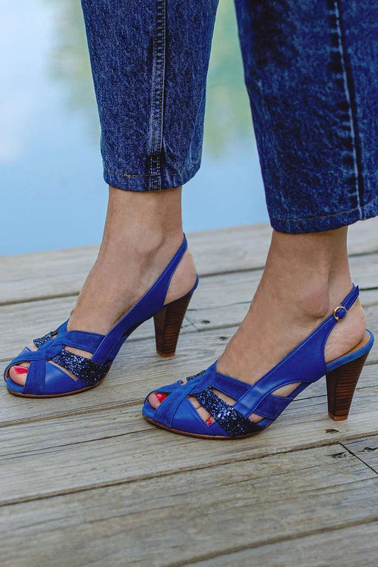 Patchwork Slingback Peep Toe Navy Chunky Heels [Pre Order]