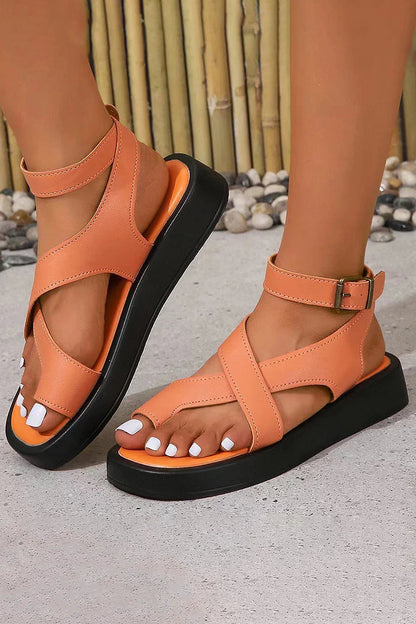 Cross Belt Ankle Strap Buckle Square Toe Platform Toe Ring Sandals