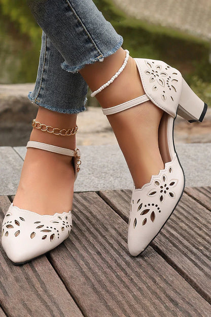 Openwork Design Pointed Toe Ankle Strap Buckle Chunky Heels