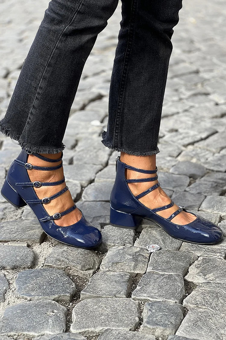 Multi Straps Buckles Solid Color Navy Chunky Heels [Pre Order]