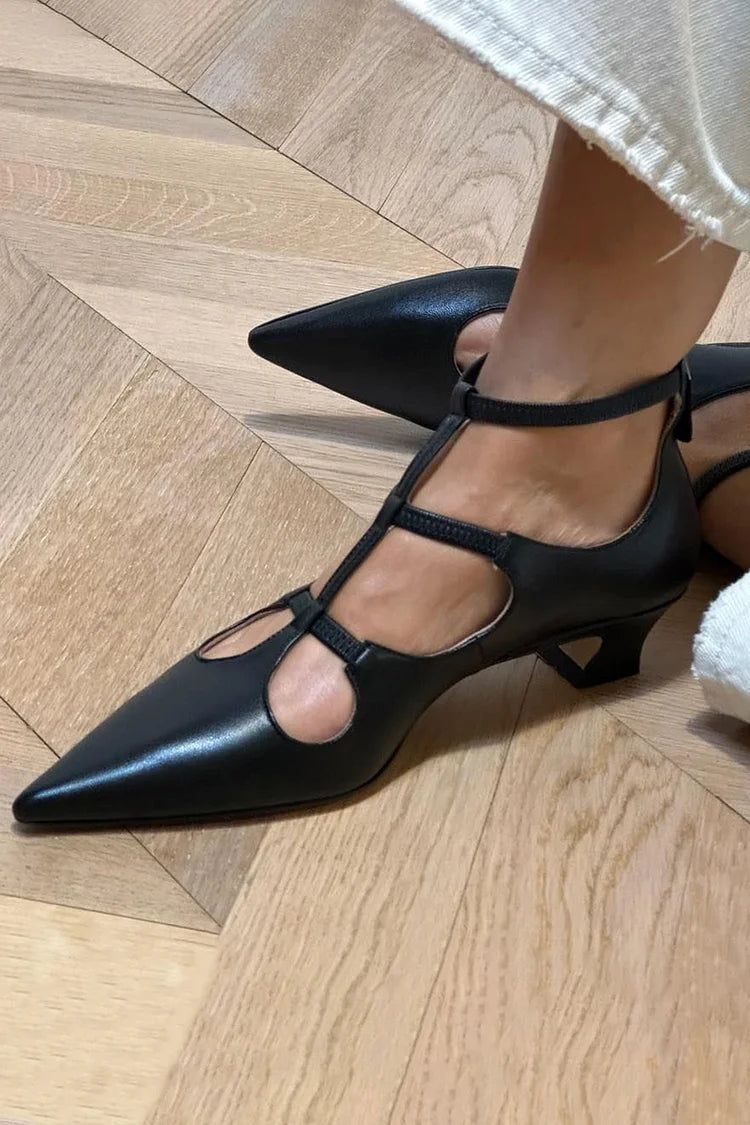 Crossover Strap Zipper Pointed Toe Black Low Heels [Pre Order]