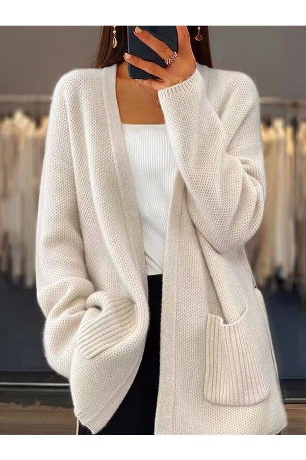 Casual Plain Pocket Stitching Long Sleeve Yarn/Wool Yarn Cardigan