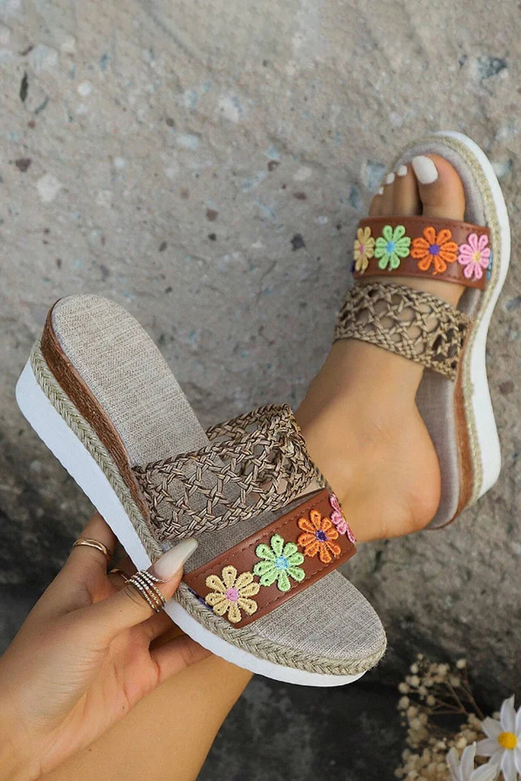 Crochet Hollow Floral Butterfly Leopard Print Espadrille Wedge Slippers