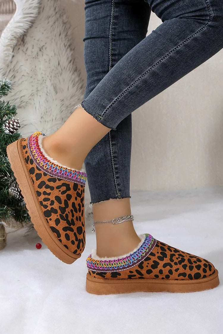 Leopard Print Fleece Lined Multicolor Trim Round Toe Snow Boots