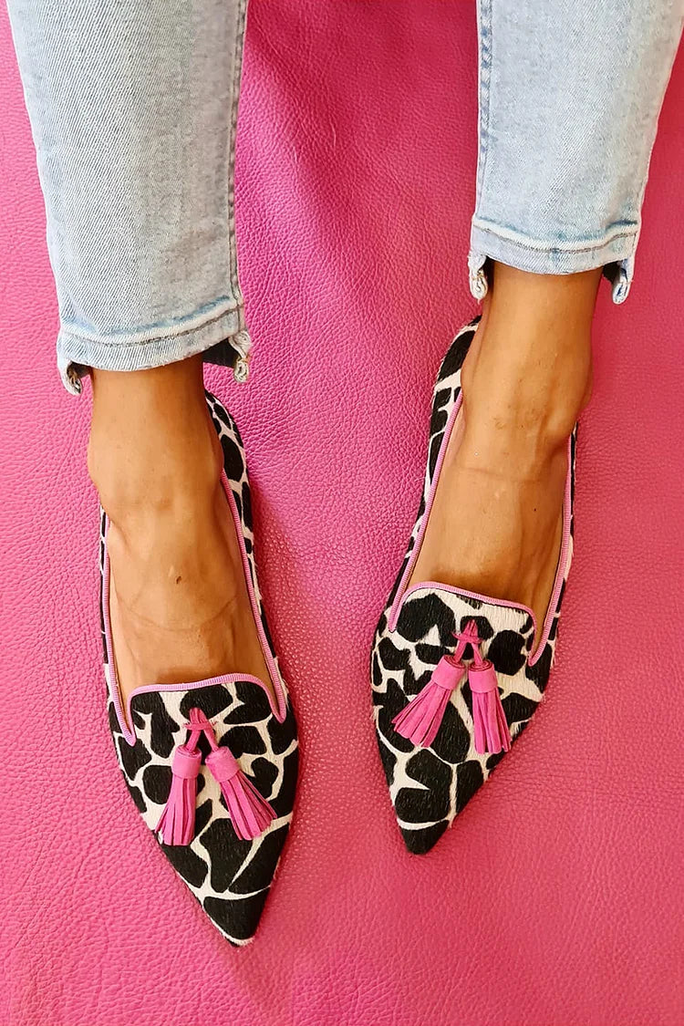 Faux Leather Colorblock Cow Print Tassels Pointy Flats