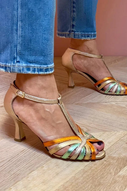 Multicolor Hollow Out T-Strap Buckle Gold Stiletto Heels [Pre Order]