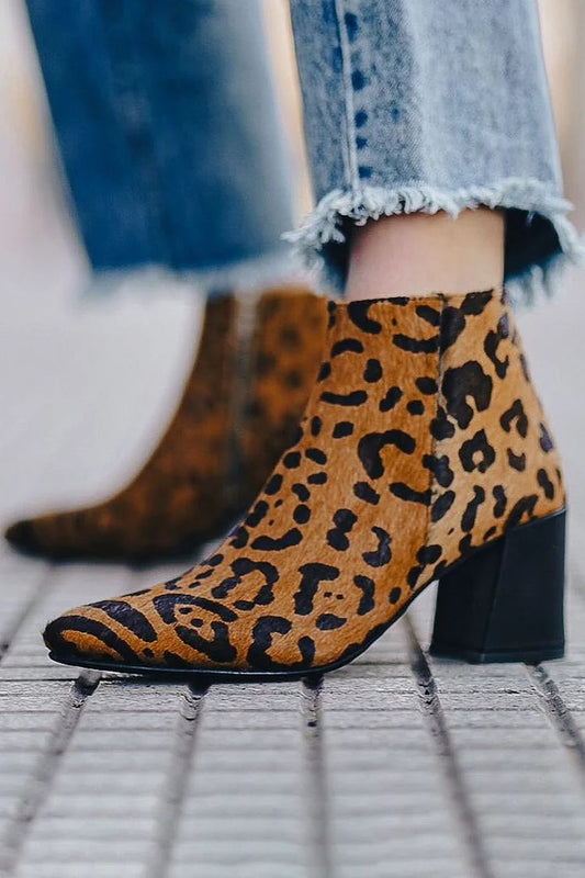 Leopard Print Chunky Heel Pointed Toe Light Brown Ankle Boots [Pre Order]