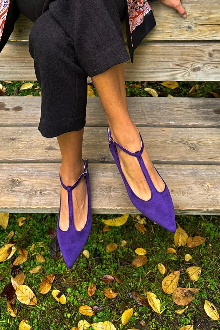 Glitter Patchwork T-Strap Buckle Pointed Toe Purple Flats [Pre Order]