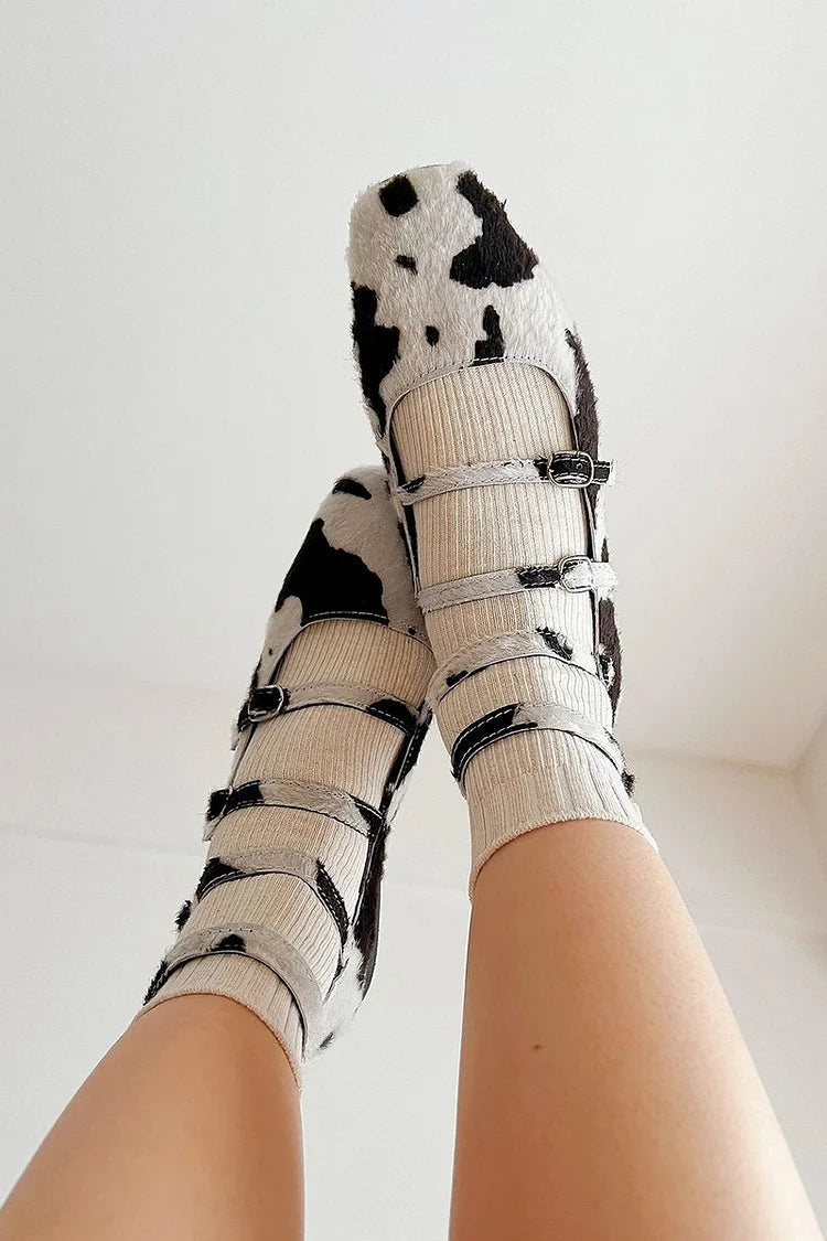 Cow Pattern Multi Straps Buckles Square Toe White Flats [Pre Order]