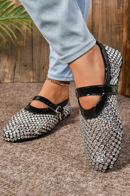 Hollow Out Rhinestone Decor Instep Strap Buckle Round Toe Flats