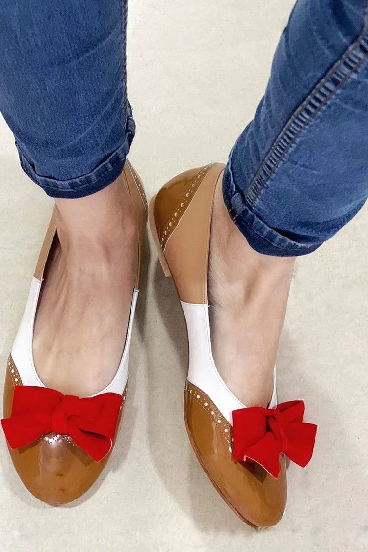 Bow Decor Patchwork Round Toe Brown Flats [Pre Order]