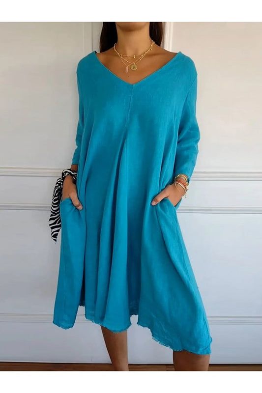 Casual Plain V Neck 3/4 Sleeve Comfy Daily Midi Dress