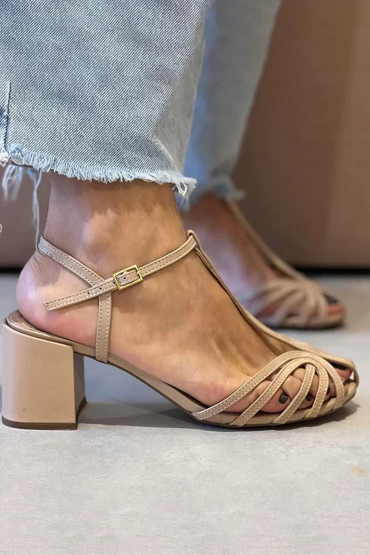 Hollow Out Closed Toe T-Shaped Strap Khaki Chunky Heels [Pre Order]