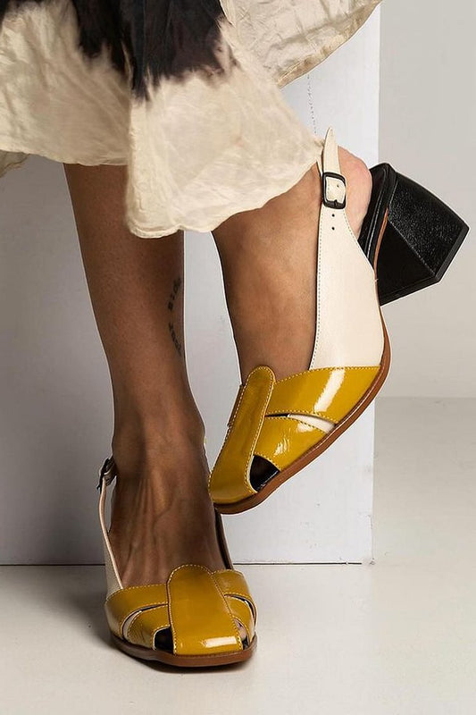 Colorblock Slingback Patchwork Beige Chunky Heels [Pre Order]