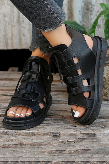 Casual Hollowed Lace Up Peep Toe Muffin Sandals