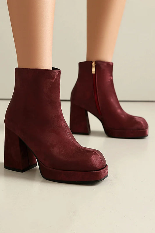 Solid Color Zipper Square Toe Chunky Heel Ankle Boots